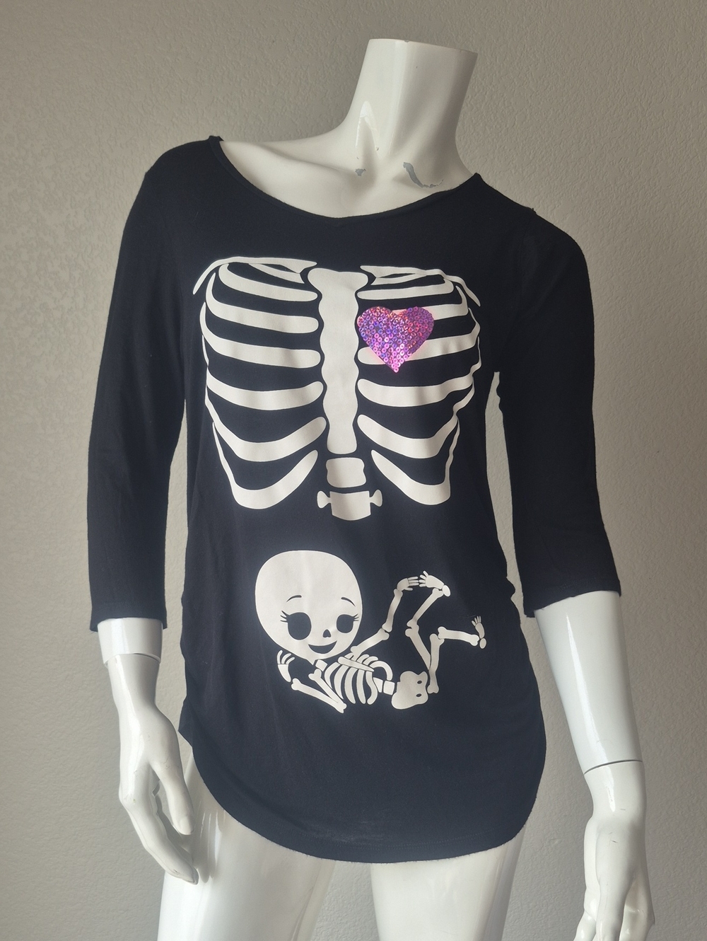 Girls Black Long Sleeve Skeleton Top with Glitter Heart